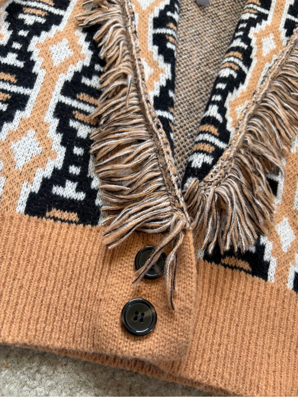 Grace + Karma Fringed Patterned Open-Front Cardigan Sweater Tan Brown Cream - Picture 2 of 4